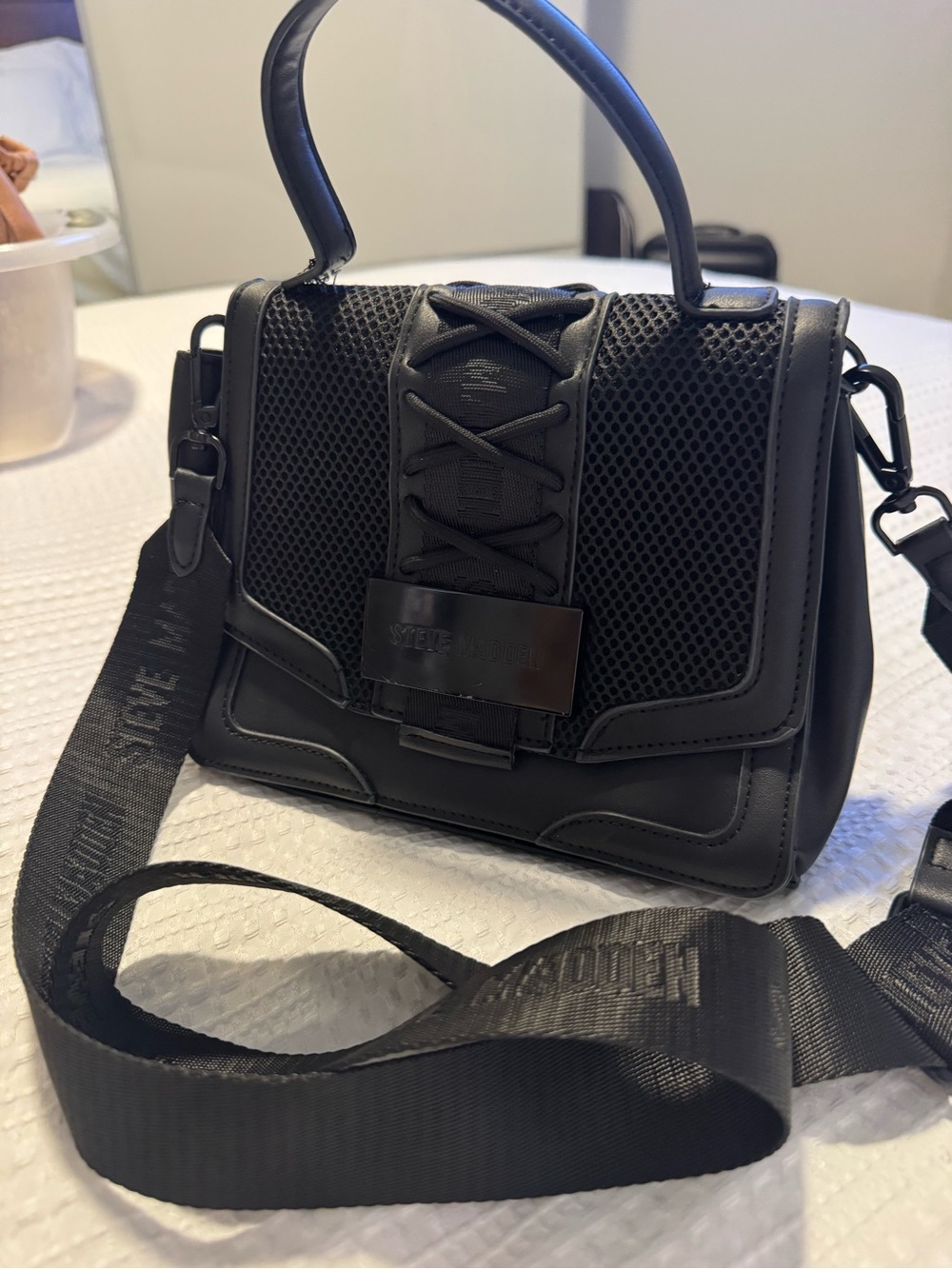 Steve Madden Black Mesh Lace-Up Satchel